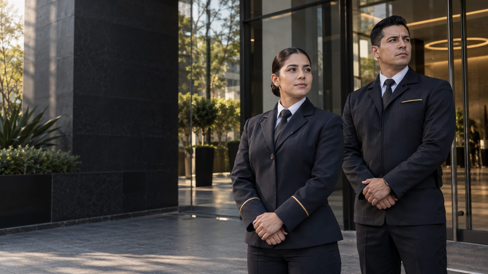 Personal de seguridad privada en el acceso de un corporativo de Ciudad de México